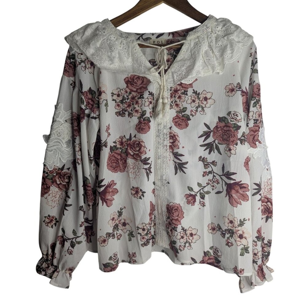 Pol Peasant Blouse Women's Sz S Lace Shawl Floral Cottagecore Feminine Flowy